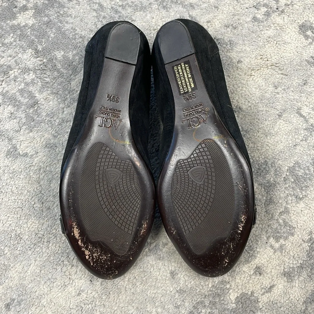 AGL Cap Toe Buckle Ballet Shoes Low Wedge Shimmer Silver Black Sz 39.5